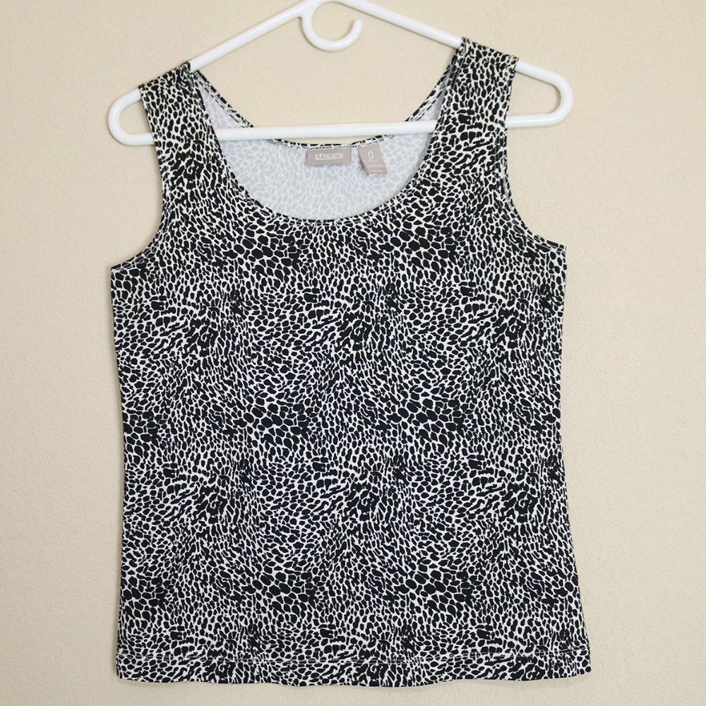 Chicos Black White Print Sleeveless Tank Fitted Nylon Spandex Top Size 0 Small S